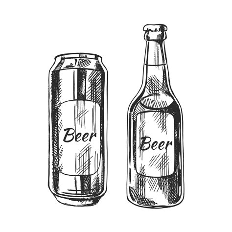 Hand-drawn sketch of beer can and bottle isolated on white background ...