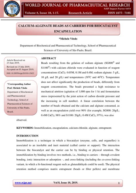 (PDF) CALCIUM-ALGINATE BEADS AS CARRIERS FOR BIOCATALYST ENCAPSULATION