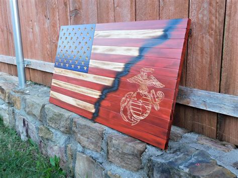 Marine Corps Wooden Flag, 19.5x37 Veteran Made, USMC Flag, Rustic Wooden American Flag, Wooden ...