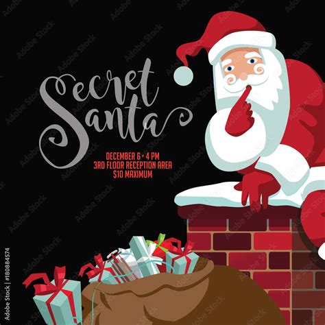 Secret Santa party invitation template. Cartoon Santa Claus climbing ...