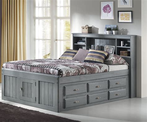 American Furniture Classics Solid Pine Full Captains Bookcase Bed with 12 drawers in Charcoal ...