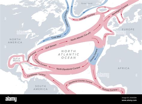 Map of the Gulf Stream and major North Atlantic Ocean currents. Sea ...