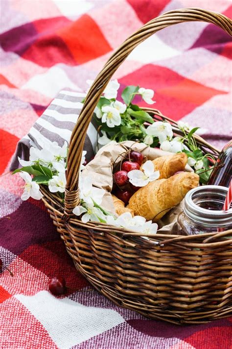 Picnic Basket with Food and Flowers on Red Blanket Stock Image - Image ...