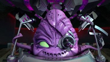 an odd looking purple creature with green eyes