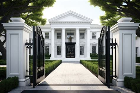 Black Steel Gate Opening To a Clean, White House Exterior Stock Image ...