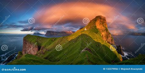 Kallur Lighthouse On Green Hills Of Kalsoy Island Stock Photography ...