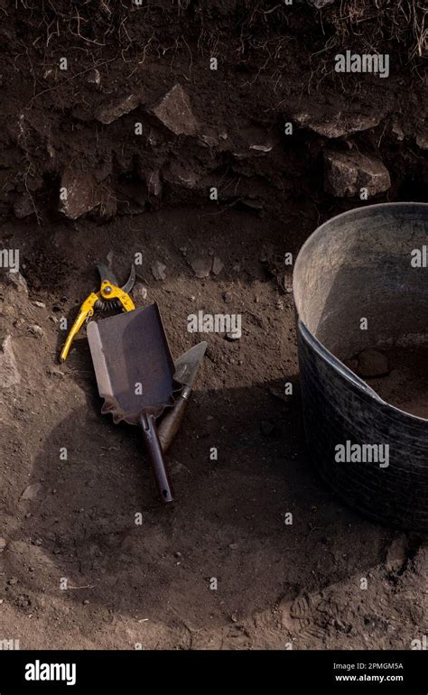 tools in an archaeological excavation, work tools Stock Photo - Alamy