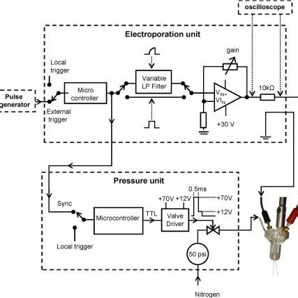 Circuit diagram of the electroporation and pressure ejection apparatus.... | Download Scientific ...