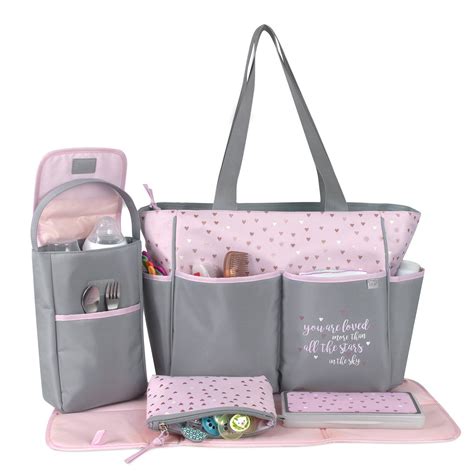 Baby Essentials Hearts Diaper Bag Tote 5-Piece Set- Grey/Pink in 2021 | Baby doll diaper bag ...