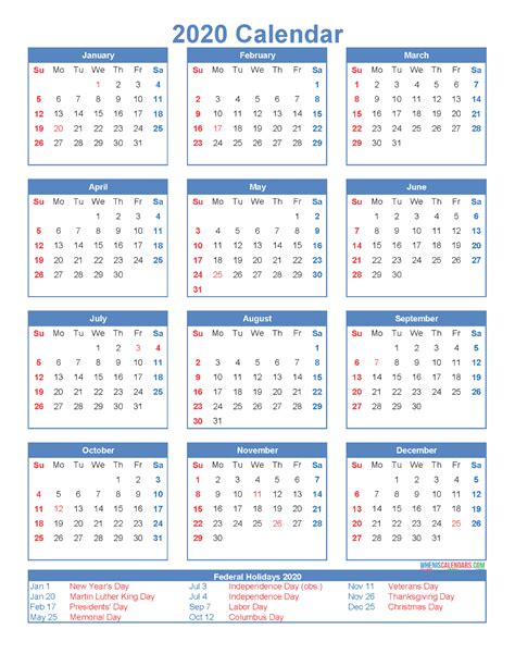 Free Printable 12 Month Calendar 2020 with Holidays | Free Printable 2020 Calendar T… | 12 month ...