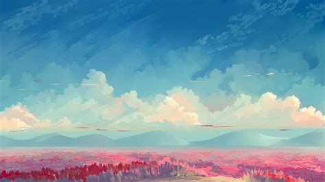 4K Ultra HD Anime Landscape Wallpaper: Cloud-Kissed Field