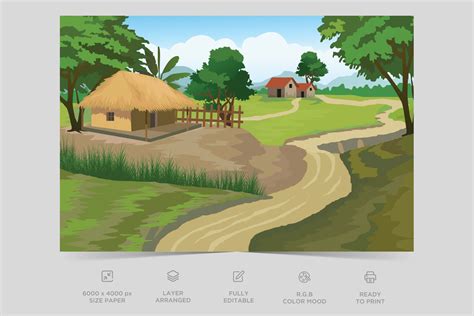 Indian Village Background Illustration. Rural mountain landscape and village vector illustration ...