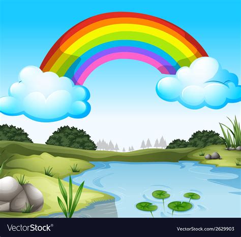 A beautiful scenery with rainbow in the sky Vector Image