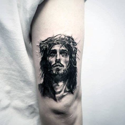 Guys Small Jesus Portrait Tattoo On Back Of Upper Arm Gebets Tattoo ...