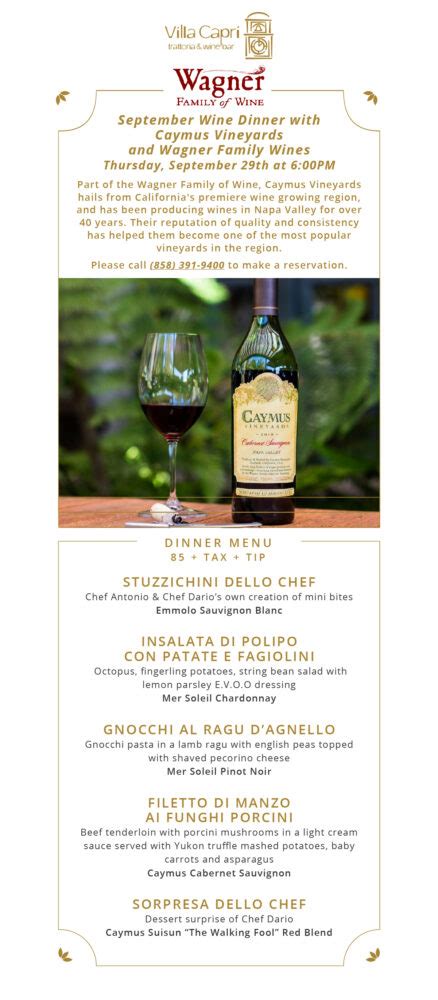 Caymus Vineyards and Wagner Family Wines - Thursday, September 29th at 6:00PM - Villa Capri ...