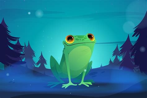 Free Vector | Cartoon frog in night forest wild funny toad