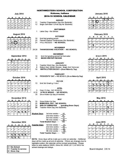 Northwestern School Corporation Calendars – Kokomo, IN