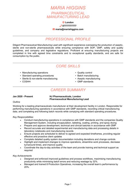 Cv Template For Pharmaceutical Industry