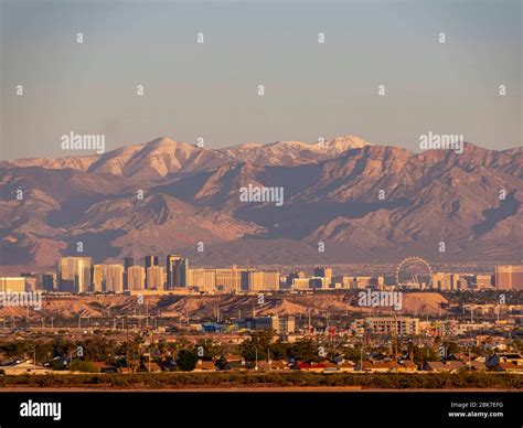 Sunrise high angle view of the Strip skyline at Las Vegas, Nevada Stock ...