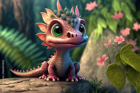 a cute adorable baby dragon lizard 3D Illustation stands in nature in ...