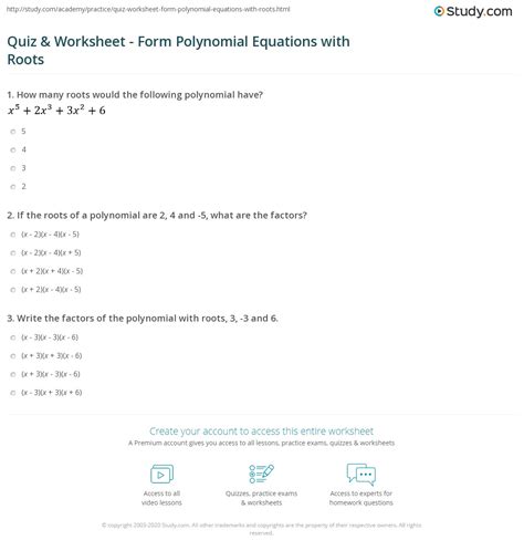 Quiz & Worksheet - Form Polynomial Equations with Roots | Study.com