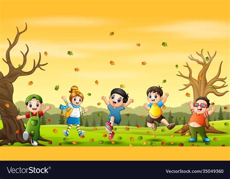 Cartoon happy kids playing in autumn background Vector Image