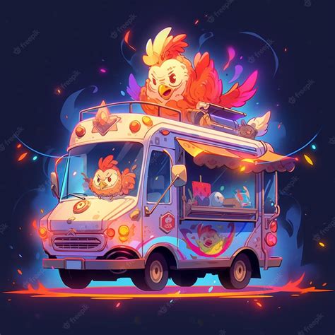 Premium Photo | A cartoon drawing of a chicken on a bus with a chicken on the roof.