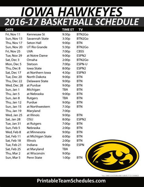 Iowa Basketball Schedule Printable