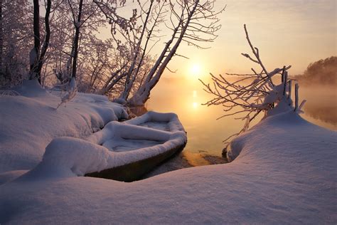 landscape, Nature, Winter, Sunset, Snow, Lake, Boat, Frost, Trees, Mist, Cold, Sunlight ...