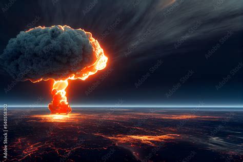 Nuclear bomb explosion. Atomic detonation. modern war. Aerial view planet earth. Bomb nuke ...