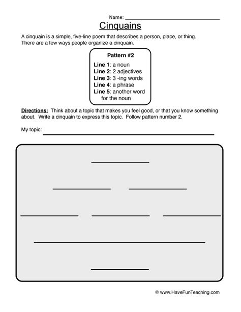 Cinquain Worksheet - Pattern 2 | Cinquain, Poetry worksheets, Writing worksheets