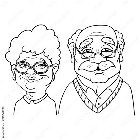 Cartoon drawing of an old granny and grandpa wearing glasses. Vector ...