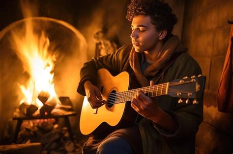 Premium AI Image | Shot of a young man singing while playing the guitar in front of a fire