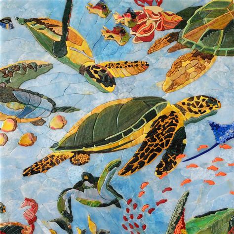 Sea Turtles and Fish Petal Mosaic Stone Art | Marine Life&Nautical | Mozaico | Stone mosaic art ...