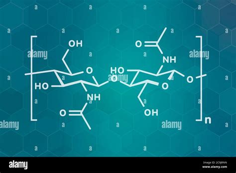 Chitin, chemical structure. Chitin is a polymer of N-acetylglucosamine and is present in the ...