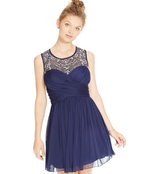 B Darlin Juniors' Jeweled Illusion Chiffon Party Dress - Juniors ...