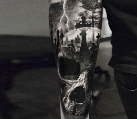 Skull and cemetery tattoo by Eliot Kohek | Photo 27407