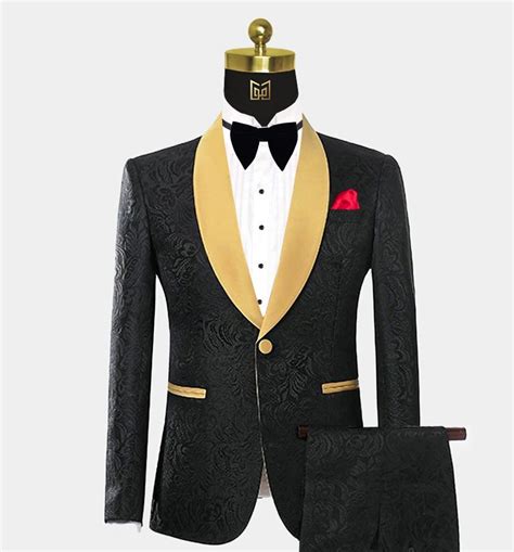 Shawl Lapel Black & Gold Tuxedo Suit - 2 Piece 36R