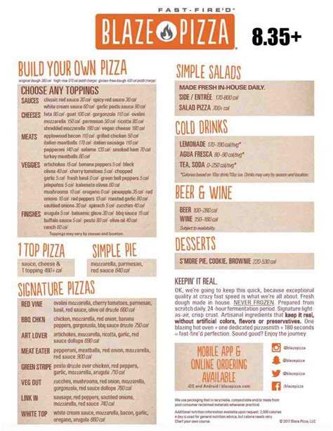 Menu for Blaze Pizza (2135 S University Dr Davie FL, 33324)