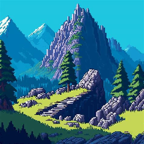 Landscape 8bit pixel art. Summer natural landscape mountain scenery arcade video game background ...