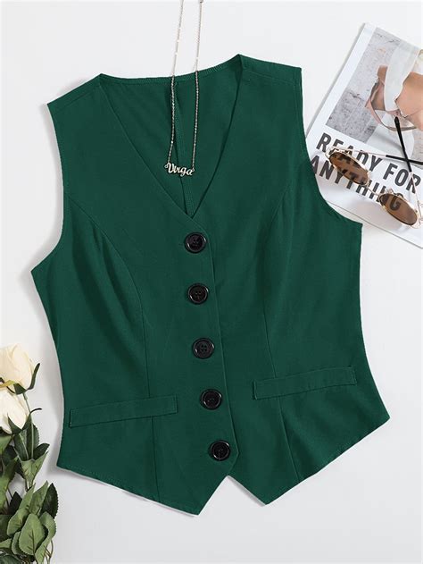 Solid Button Front Waistcoat | Womens green vest, Green vest outfit ...