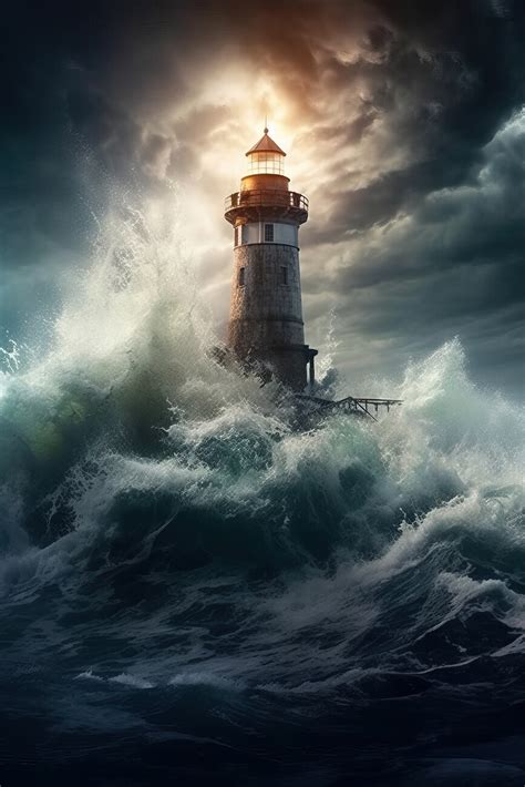 Künstlerische Illustration | Lighthouse in the middle of a storm surge ...