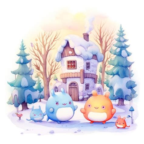 Premium Photo | A cartoon drawing of a house in the snow