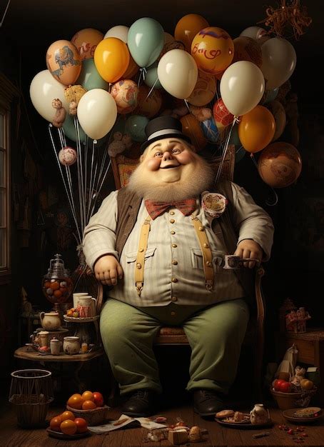 Premium AI Image | An Oil painting of a nice fat man sitting surrounded by balloons