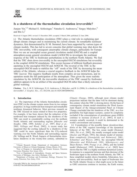 (PDF) Is a shutdown of the thermohaline circulation irreversible