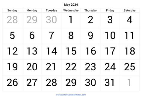 May 2024 Calendar Printable With Large Numbers