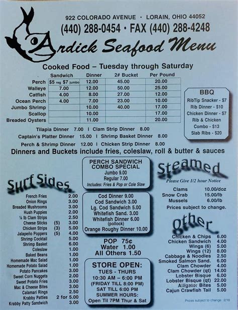 Online Menu of Ardick Seafood, Lorain, OH