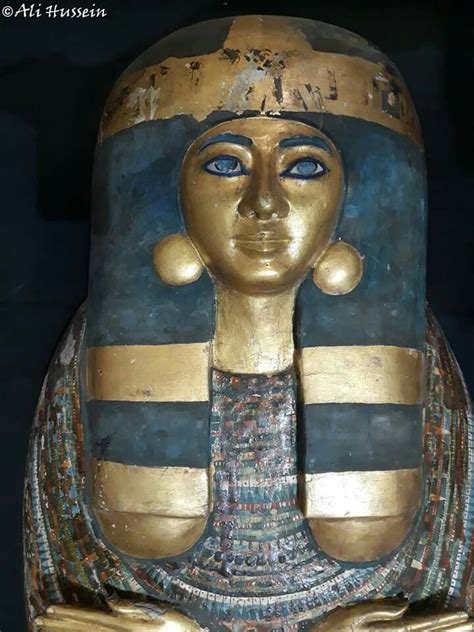 Painted and gilded anthropoid coffin lidof «Iset-Em-Kheb» Cedar wood. 3rd Intermediate period ...