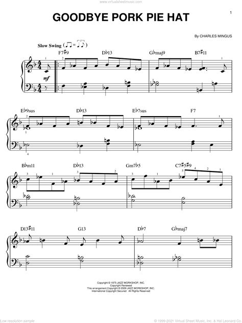 Mingus - Goodbye Pork Pie Hat sheet music for piano solo [PDF]