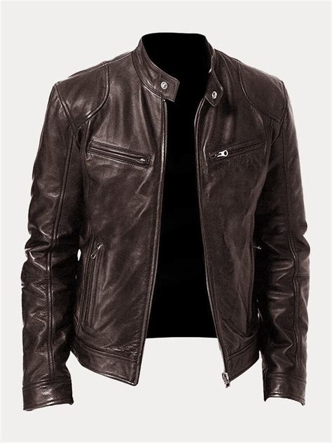 Stand Collar Zipper Cardigan Pocket PU Leather Jacket – coofandy